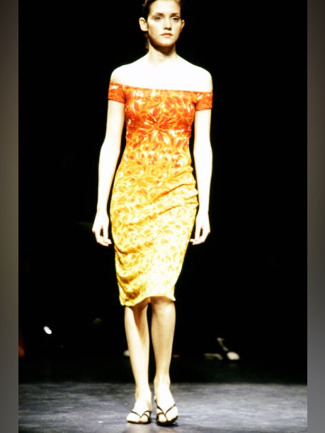 Vintage Vivienne Tam S/S 1998 Flame Printed Mesh Off Shoulder Dress In Orange